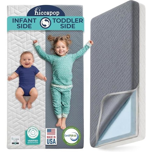 Hiccapop Baby Crib Mattress, Waterproof, Dual Sided Foam Baby Mattress, Firm Side for Babies, Soft Memory Foam Side for Toddlers, Made in USA