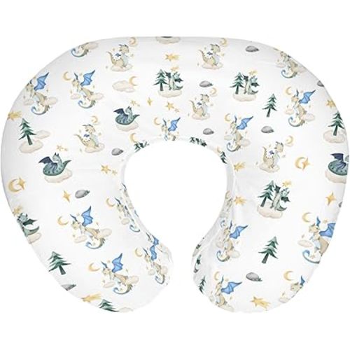 Fantasy Dragon Baby Nursing Pillow Covers for Boy Girl Fairytale Dragons Moon Stars Clouds Trees Nursery Pillowcase for Breastfeeding Pillows Myth Animal Soft Stretchy Slipcovers for Newborn Infant