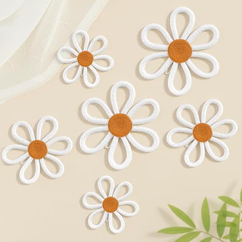 Vidroxin 6 Pcs Boho Nursery Decor,Woven Macrame Daisy Flower Wall Hanging in 3 Sizes,Floral Wall Art for Bohemian Bedroom Above Bed Decor,Home,Dorm,Office Decoration Set (White)