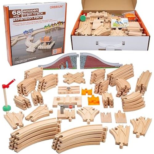 Wooden Train Tracks 68 Piece Expansion Pack Accessories with Arched Bridge, Engine Barge, Dock, Stop & Go Checkpoint, Signal Pole, Cross Track Compatible with Thomas, Brio Wooden Railways ORBRIUM