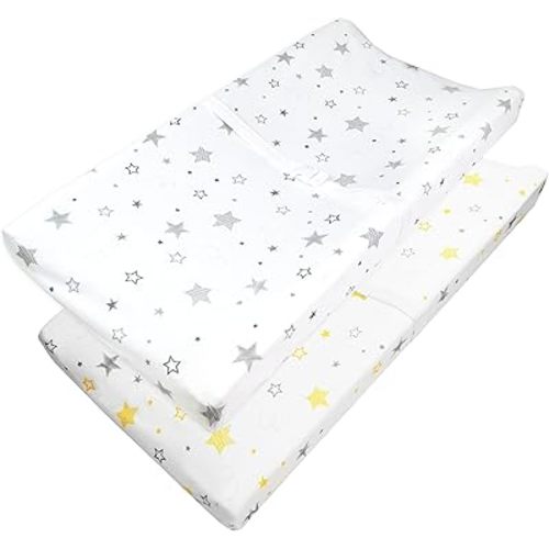 American Baby Company 2 Pack Printed 100% Cotton Knit Fitted Contoured Changing Table Pad Cover - Compatible with Mika Micky Bassinet, Golden Yellow Stars/Super Stars, for Boys and Girls