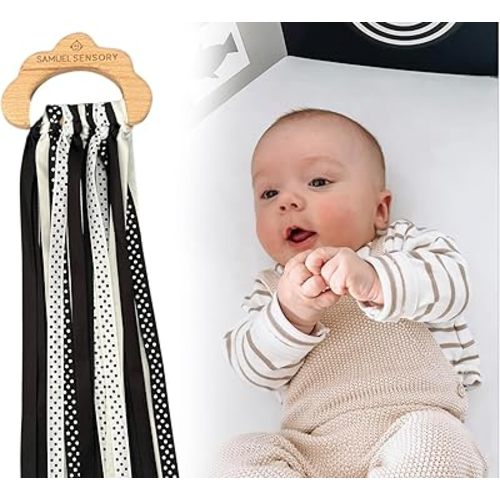 Samuel Sensory Toys Cloud Ribbon - Black and White Baby Toys 0-3 Months Made with Beech Wood & Soft Grosgrain and Satin Ribbon - Developmental High Contrast Baby Toys & Tummy Time Toys