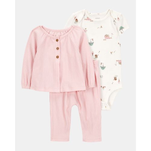 Baby 3-Piece Barn Print Little Cardigan Set - Pink/White