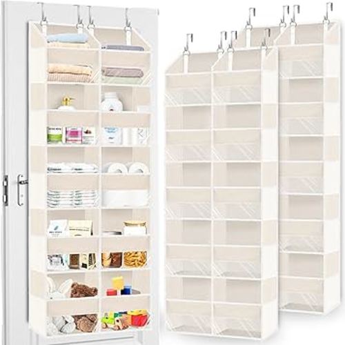 2 Pack Over the Door Organizer 5 Tiers, Extra Large Behind Door Storage of 10 Compartments, 80 lbs Weight Capacity Over Door Organizer, Door Hanging Organizer for Closet, Diaper Organizer, Beige