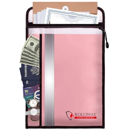 ROLOWAY Fireproof Document Bag (15 x 11 inch) with 2 Pockets & Waterproof Zipper, Fireproof Money Bag, Fire Safe Bag with Reflective Strip, Fireproof Envelope for Cash, Legal Documents Safe (Pink)