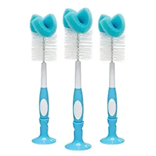 Dr. Brown's Reusable Sponge Baby Bottle Cleaning Brush Set with Suction Cup Stand, Scrubber and Nipple Cleaner, Blue 3-Pack - 3 Pack, Blue Bottle Brush