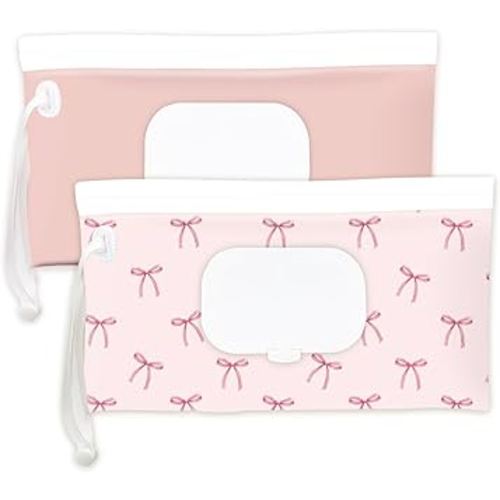 Wipe Dispenser and Wipes Container, 2 Pack Reusable Wipes Holder and Travel Wipes Case, Refillable Pouch for Baby Essentials, blush& bow Design (Blush)