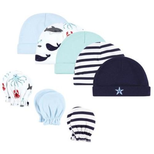Hudson Baby Infant Boy Cotton Cap And Scratch Mitten Set, Ocean Friends, 0-6 Months