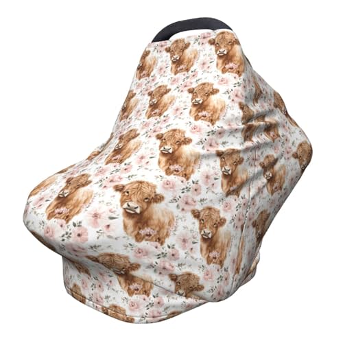 Highland Cow Baby Car Seat Covers Canopy Covers Baby Multi-Use Car Seat Canopy Carrier Cover, Breathable Breastfeeding Cover Boys & Girls