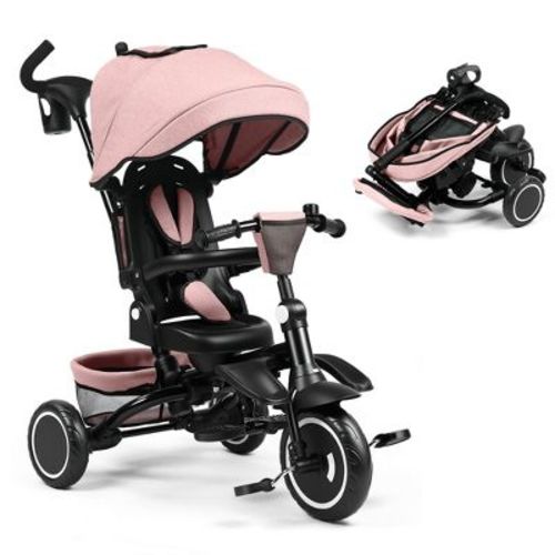 TODECARE Kids Tricycle, 7-in-1 Folding Trike with Adjustable Push Handle, Canopy & 1-Step Brake, Pink