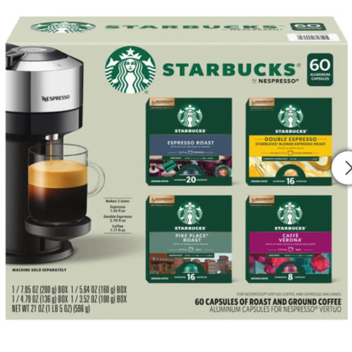 Starbucks Coffee and Espresso Capsules for Nespresso Vertuo Machines 60-count Variety Pack, 100% Arabica Coffee | Costco