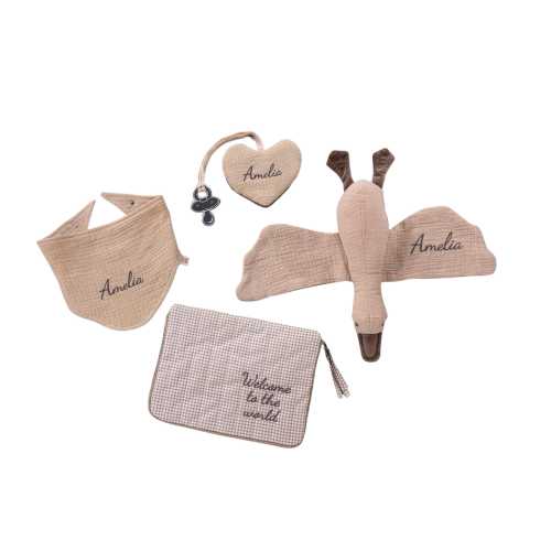 Personalized Newborn Baby Gift Set – Lovey, Bib, Bag & Pacifier Holder | Linen Muslin with Name Embroidery, Baby Shower Keepsake, neutral