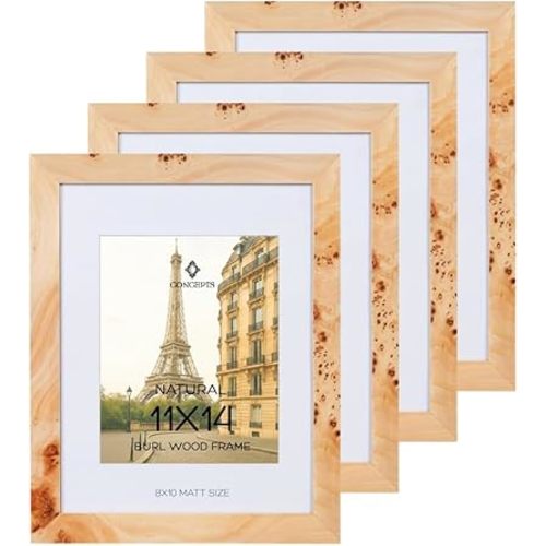 Concepts - 11X14 Burl Wood Picture Frames Matted To 8x10 -Natural Wood Finish Picture Frames for Family Photos - Elegant Wallhung Decor in Bulk