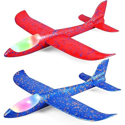 2 Pack LED Light Airplane,17.5" Large Throwing Foam Plane,2 Flight Mode Glider Plane,Flying Toy for Kids,Gifts for 3 4 5 6 7 8 9 Years Old Boy,Outdoor Sport Toys Birthday Party Favors Foam Airplane