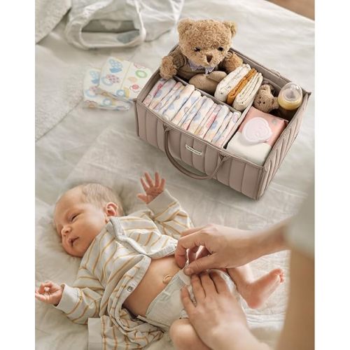Blissful Diary Baby Diaper Caddy Organizer, Stylish Storage Basket for Newborn Essentials and Diaper Station, Gift for Baby Shower and Registry Must-Have, Sand