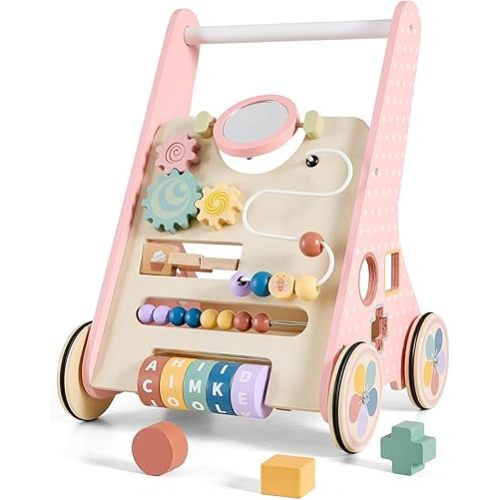 Pink Baby Push Walker for Girls 10+ Months, Wooden Baby Walker Push Toy with Storage, Learning to Walk, Montessori Walker Toy with Wheels, Toddler Activity Center for 12-18 Months