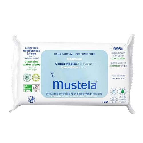 Mustela Baby Home Compostable Cleansing Wipes - For Face, Body & Diaper Area - 99% ingredients of natural origin & plant-based fibers - For all skin types - Fragrance Free Version & Various Sizes