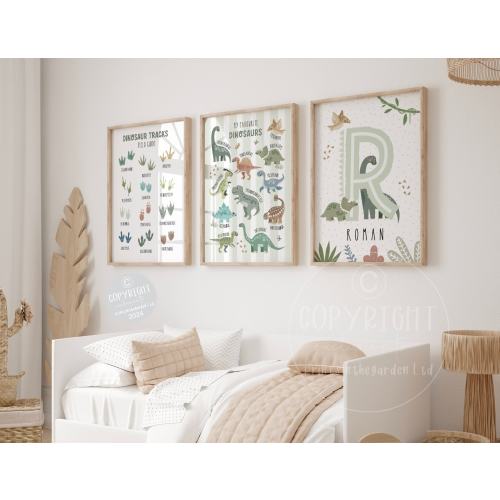 Dinosaur Nursery Art Prints: Set of 3, Green Bedroom Decor