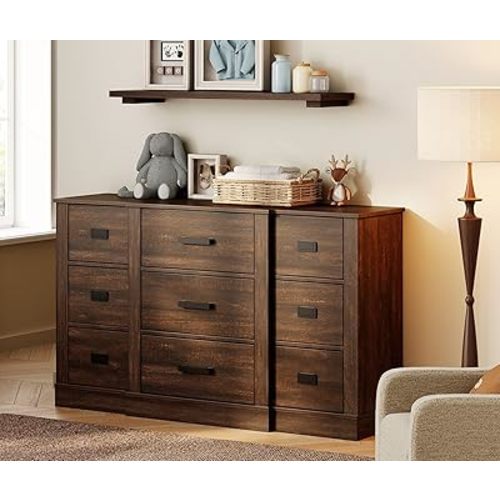WAMPAT Kids Dresser for Bedroom with 9 Drawers,Farmhouse Baby Dresser with Wooden Chest of Drawers,Wide Kids Closet Storage Organizer for Nursery,Hallway,Rustic Brown