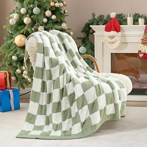 Snuggle Sac Sage Green Checkered Throw Blanket Faux Fur Knitted with Microfiber Yarn, Cozy Soft Warm Spring Blankets for Couch,Sofa,Bedroom,Sage Green Checker,50x60 inches