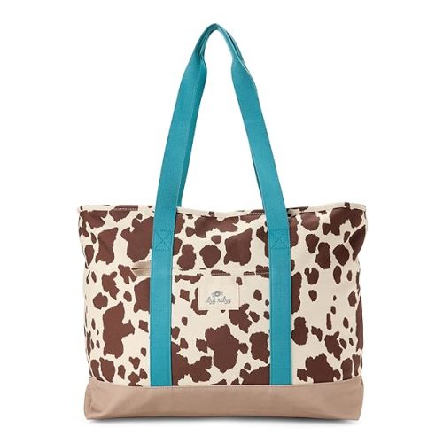 Itzy Ritzy Canvas Tote Bag - Zip-Top Closure, Roomy Main Compartment & 4 Pockets - Lightweight Cotton Canvas Carryall for Moms - Perfect for Travel, Beach, Errands & Everyday (Cow Print)