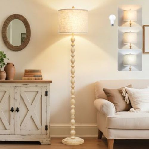 NATYSWAN Floor Lamps for Living Room - 62in Resin Farmhouse Standing Lamp with 3 Color Temperatures - Vintage Tall Lamp with Linen Shade