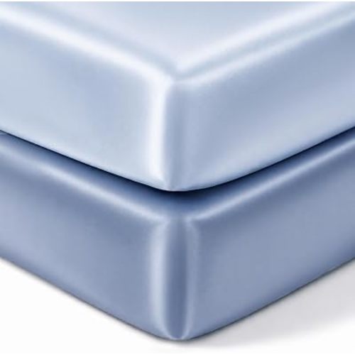 2 Pack Satin Crib Sheets for Baby Hair Care - Oeko-TEX Certified Silky Soft Fitted Mattress Cover 28x52 – Breathable & Gentle on Skin, Snug Fit for Standard Crib (Light Blue & Haze Blue)