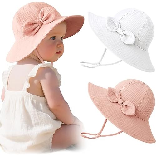 Konssy Muslin Baby Sun Hat 2-Pack, UPF 50+ Sun Protection Wide Brim Summer Beach Hat, Bucket Hat for Girls and Boys