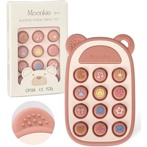 Moonkie Silicone Press Phone Teething Toy for Baby 3 Months+ | Soft BPA-Free Teether with Icon & Number Pop Bubbles | Ideal Gift for Baby Girls