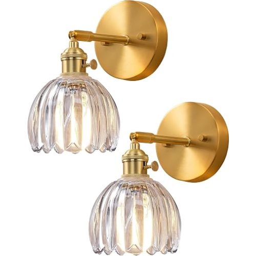 EDISHINE 2-Pack Brass Gold Sconces, 180° Adjustable Tulip Glass Wall Lamps