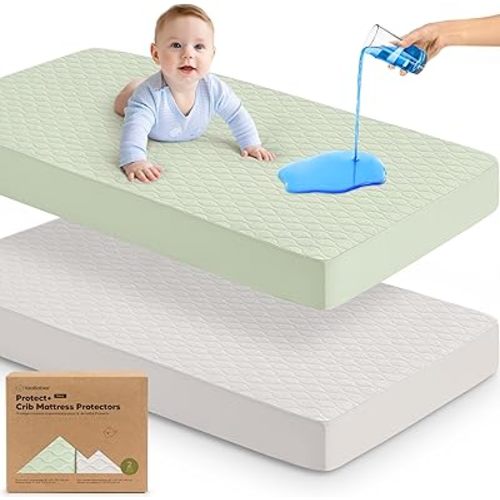 2-Pack Waterproof Crib Mattress Protector Cover Fitted - Quiet Baby Crib Mattress Pad Sheets, 52" x 28" Soft Quilted Cotton Baby Sheet, Machine Washable, Easy Fit, Durablee (Sage/Mavy)