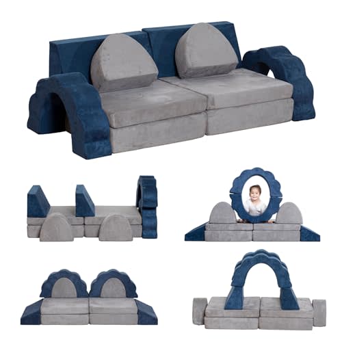 Annualring Modular Kids Play Couch 10 Pcs,Toddler Play Foam Sofa Fold Out Play Set with Flower Shape Climbing Blocks Bedroom and Playroom Furniture,Convertible Sofa for Creative Boy Girl