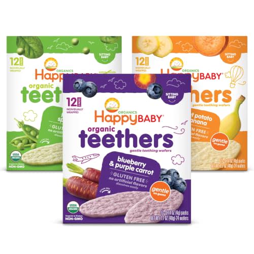 HAPPY BABY Gentle Teething Wafers, 3 Flavor Variety Pack, 12 ct (3 Pack) | USDA Organic Baby Snack, Easy-dissolving Wafers Made with Jasmine Rice Flour, Soothes Gums, No Artificial Flavors, Non-GMO