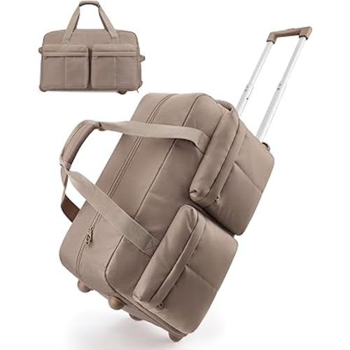 BAGSMART Rolling Duffle Bag with Wheels, Carry On Bag Duffel Bag for Travel, Wet Pocket Duffle with Wheels and Handle, Brown, 42L