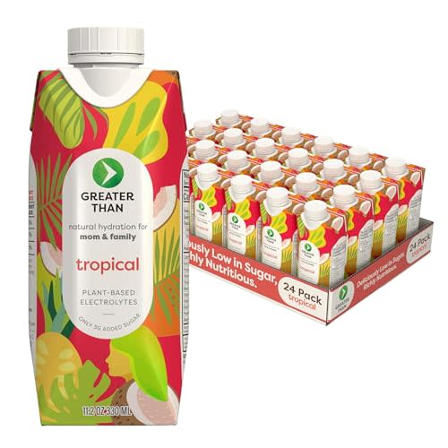 Greater Than Nutrient Hydration Beverage, Electrolyte Drink for Gut Health & Energy with Coconut Water, Vitamins, Gluten Free, Plant Based, Low Sugar, Tropical, 24 Pack
