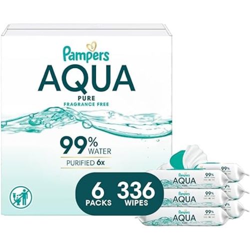 Pampers Aqua Pure Baby Wipes, 99% Water, Fragrance Free, 336 Baby Wipes Total (6X Flip-Top Packs) [Packaging May Vary]