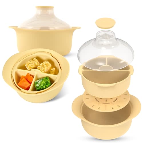 FIRGI 48oz Platinum Silicone 3 Compartmented Microwave Steamer Pot with Handle & Lid - Korean 100% Food-Grade Steamer Bowl, Heat-Resistant Cooker with Steam Holes, Easy Clean, Dishwasher Safe, Yellow