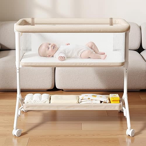 Bassinet Bedside Sleeper - All-Mesh Design, Portable Bedside Bassinet for Baby with Washable Mattress, 5 Adjustable Heights（Beige）