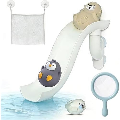 Animals Slide Bath Toy Play Set with Fishing Net Baby Bath Toys for Boys and Girls 6+ Months - Suction Cup Toy Attaches to Shower Wall