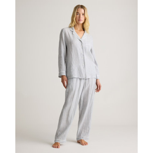 100% European Linen Long Sleeve Pajama Set with Piping in Taupe Brown Gingham