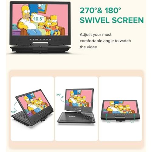 WONNIE 12.5" Portable DVD Player Car Headrest Video Player with 10.5" Swivel Screen, 5-Hours Rechargeable Battery, Car Headrest Holder, Dual Speakers, Support USB/SD Card/Sync TV, All Regions