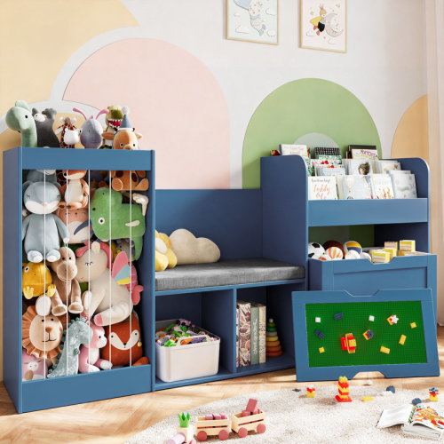Isabelle & Max™ 31.5''H Kids Bookcase, Toy Storage Organizer with Stuffed Animal Storage, Bench and Removable Cushions, Wooden Toddler Bookshelf with Movable Building Block Drawers & Reviews | Wayfair