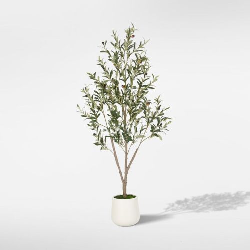 Romswi Olive Faux Tree, 5 ft Tall Artificial Olive Tree with White Tall Pot, with Natural Leaves Lifelike Fruits for Home Office Decor Indoor