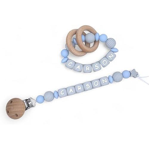 Personalized Baby Pacifier Clips, Rattle Rings & Keychains – Blue Styles | Stylish Baby Accessories, 3rd Party Tested for Safety