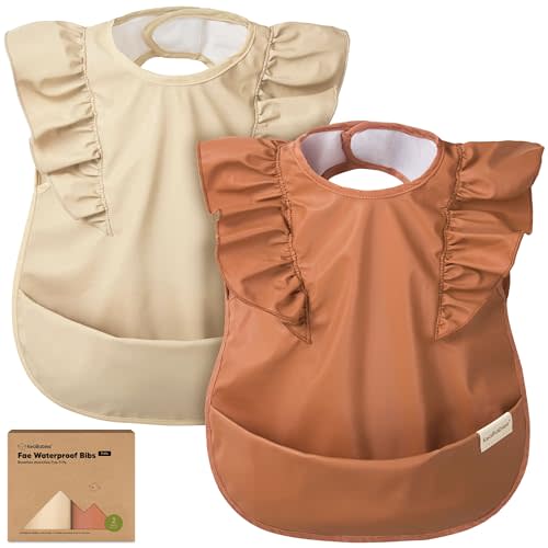 KeaBabies Waterproof Bibs for Baby Girl,Boy, 2-pk Lightweight (Terracotta) | Large Baby Bibs for Eating, Wearable Food Catcher, 6-12 Months Baby Feeding Essentials, Smock Bib for Toddlers 1-3, Kids