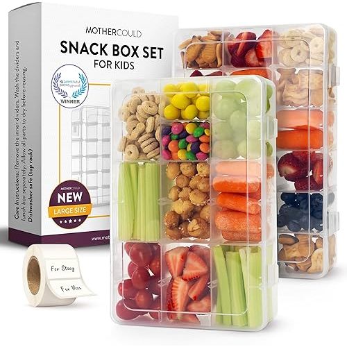 Large Kids Snack Box Containers Set of 2 -100 Labels, BPA-Free, Adjustable Compartments, Dishwasher Safe, Reusable Tray, Food Grade, Meal Prep Container, PARENT TESTED PARENT APPROVED AWARD (Clear)