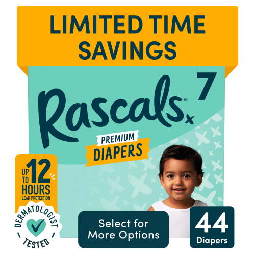 Rascals Premium Absorbent Baby Diapers Size 7, 44 Count
