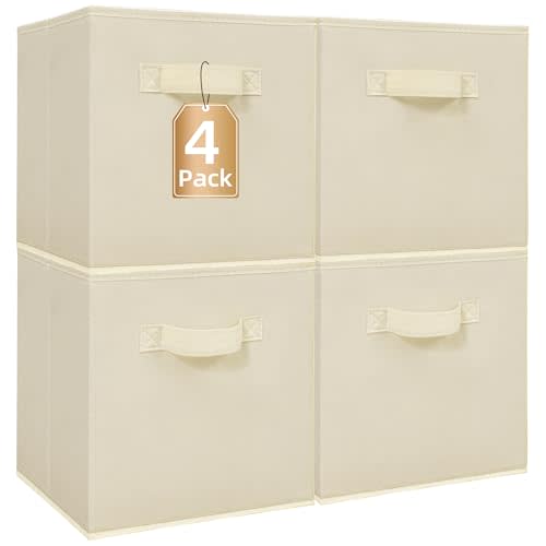 STORAGE MANIAC Storage Cubes, 11 Inch 4 Pack Collapsible Fabric Shelf Bins | Closet Basket Organizer with Handle for Shelves, Offices, 10.5" x 10.5" x 11" Non-Woven Foldable Storage Boxes, Beige