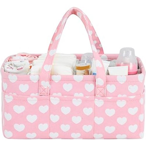 Diaper Caddy Organizer for Baby Girl-Nursery Storage Bin-Portable Car Organizer for Diapers and Baby Wipes- Baby Shower Registry Basket Newborn Must Have Tote Caddy Bag（Pink Heart）
