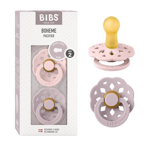 BIBS Pacifiers - Boheme Collection | BPA-Free Baby Pacifier | Made in Denmark | Set of 2 Blossom/Dusky Lilac Color Premium Soothers | Size 6-18 Months | Round Natural Rubber Nipple | Size 2 | BPA-Free | Made in Denmark | High Nipple Acceptance | Airflow H